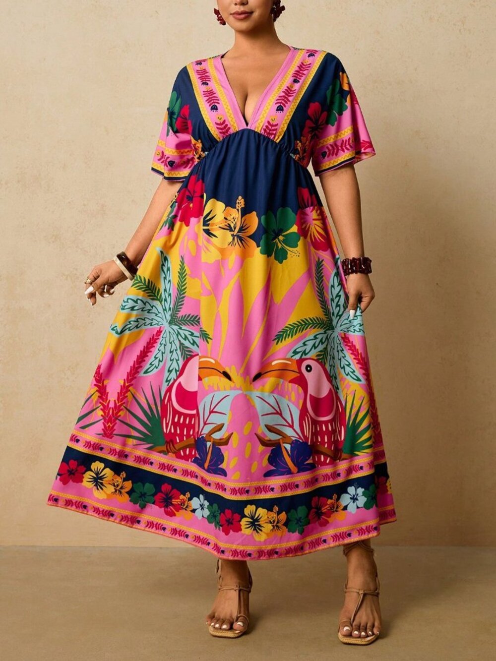 Multicolor Boho Women's Plus Size Tropical Print V-Neck Short Sleeve maxi Dress - Picture 3 of 7
